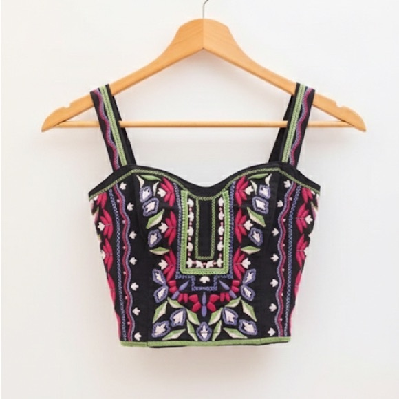 Anthropologie Tops - Anthropology Chic Black Embroidered Crop Top with Back Zipper Detail
